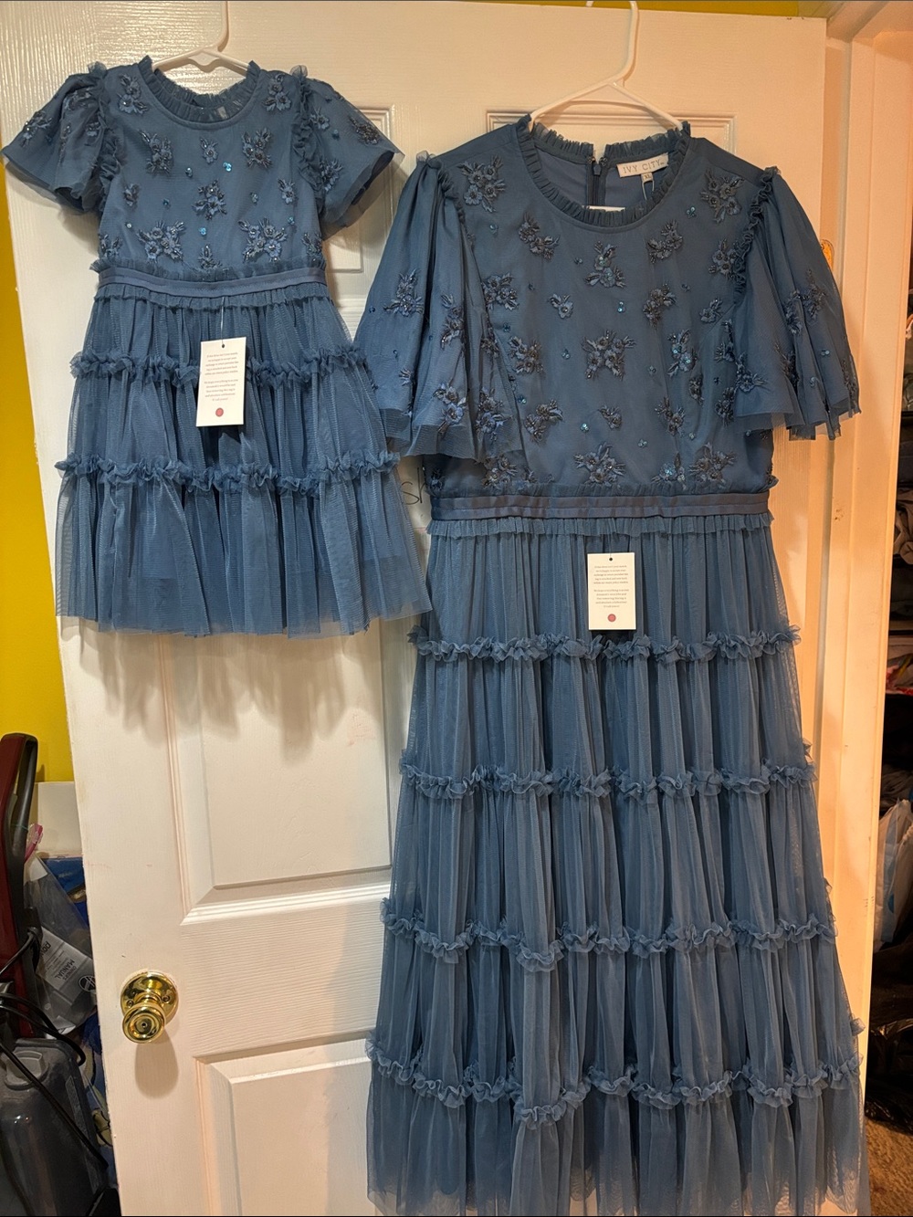 Ivy City Co Dusty Blue Mother-Daughter Tiered Tulle Dresses with Floral Appliqué